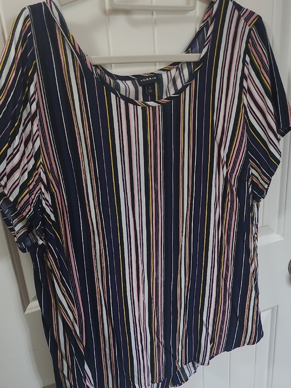 Torrid 2 Navy Striped Short Sleeve Blouse with Pink & Yellow Accents